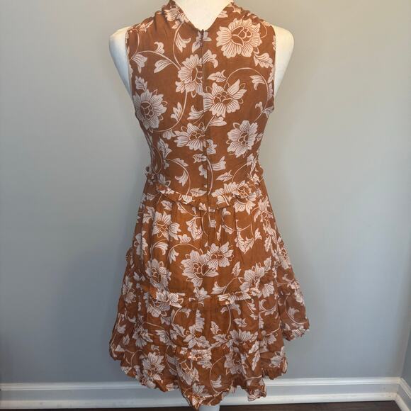 Anthropologie US size 2 neutral brown cream floral tiered halter mini dress - Picture 2 of 8